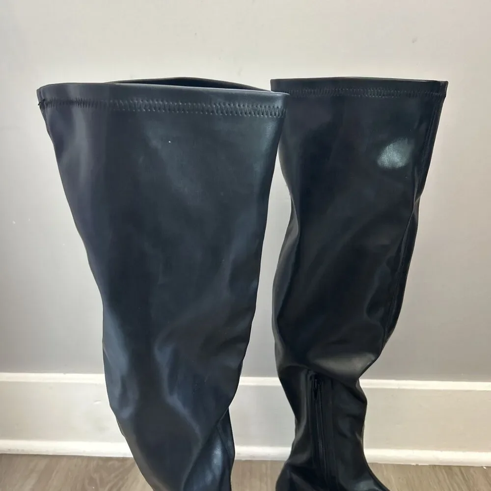 Allegra K Thigh High Boots Womens 9 Black Low Block Heel Over Knee Ankle Zip